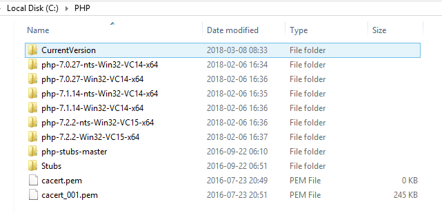 A visual of the different PHP folders in C:\PHP